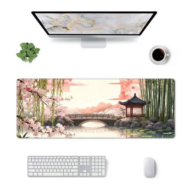 Alt view image 3 of 7 - Japanese Cherry Blossom Xl Large Gaming Mouse Pad, Long Extended Full Sakura Sun Mouse Mat for Top Keyboard Table, Cute Big Stitched Waterproof Mousepad Gifts for Women Office, 31.5*11.8 In
