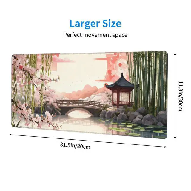 Alt view image 4 of 7 - Japanese Cherry Blossom Xl Large Gaming Mouse Pad, Long Extended Full Sakura Sun Mouse Mat for Top Keyboard Table, Cute Big Stitched Waterproof Mousepad Gifts for Women Office, 31.5*11.8 In