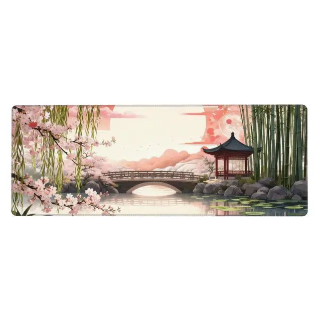 Main image of Japanese Cherry Blossom Xl Large Gaming Mouse Pad, Long Extended Full Sakura Sun Mouse Mat for Top Keyboard Table, Cute Big Stitched Waterproof Mousepad Gifts for Women Office, 31.5*11.8 In