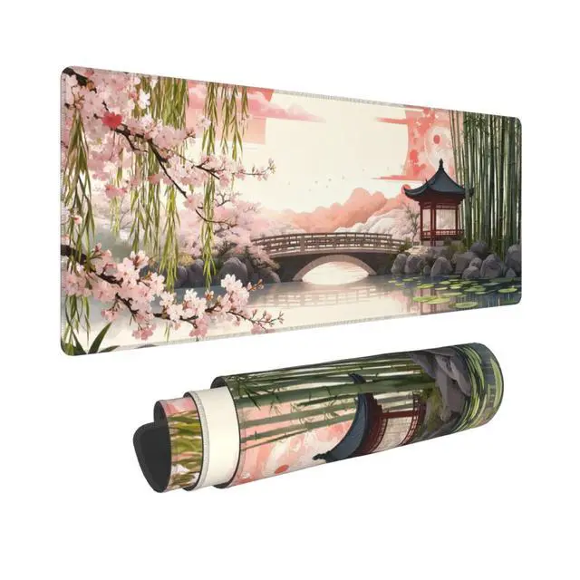 Alt view image 2 of 7 - Japanese Cherry Blossom Xl Large Gaming Mouse Pad, Long Extended Full Sakura Sun Mouse Mat for Top Keyboard Table, Cute Big Stitched Waterproof Mousepad Gifts for Women Office, 31.5*11.8 In