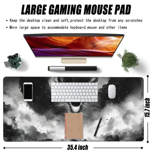Alt view image 2 of 7 - Extended Large Gaming Mouse Pad, Horror Anime Manga Large Desk Mat for Desktop XXL, Non-Slip Rubber Base Stitched Edges Long Computer Keyboard Desk Pad Mouse Mat for Gaming Home Office 35.4"X15.7"