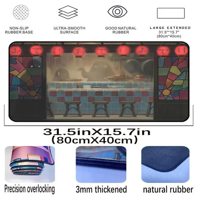 Alt view image 2 of 6 - Japanese Anime Desk Pad, Black Ghost Game Mouse Pad, Long Keyboard Mat, Computer Pad, Wireless Mouse Mat, Non-Slip Desk Mat with Stitched Edges, Retro Home Office Desktop Decor 31.5"X15.7"