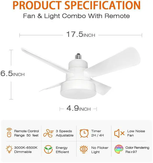 Alt view image 3 of 7 - Socket Fan Light- Remote Control- White- Dimmable LED Bulb- Screw in E26 Base