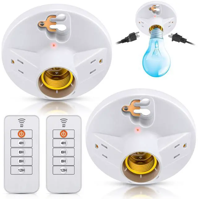 Main image of 2 Pack Upgraded Remote Control Plastic Light Fixture with 2 Grounded Outlet and Timer Function, 125V 660W Light Bulb Fixture Socket Outlet, Ceiling Lampholder for Garage, Basement, Closet