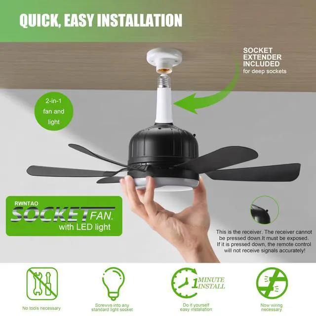 Alt view image 2 of 7 - Socket Ceiling Fan Light with Remote and 1 Socket Extender, E27 Based Easy Install, Replacement for Indoor -Bedroom, Kitchen and Living Room, 3 Color Stepless Dimming (Black)