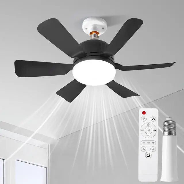 Main image of Socket Ceiling Fan Light with Remote and 1 Socket Extender, E27 Based Easy Install, Replacement for Indoor -Bedroom, Kitchen and Living Room, 3 Color Stepless Dimming (Black)