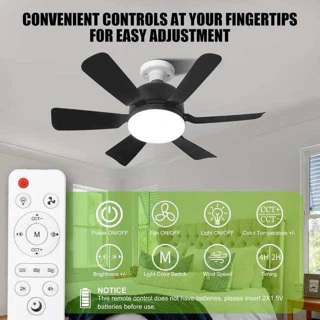 Alt view image 3 of 7 - Socket Ceiling Fan Light with Remote and 1 Socket Extender, E27 Based Easy Install, Replacement for Indoor -Bedroom, Kitchen and Living Room, 3 Color Stepless Dimming (Black)