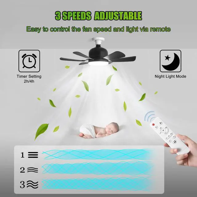 Alt view image 5 of 7 - Socket Ceiling Fan Light with Remote and 1 Socket Extender, E27 Based Easy Install, Replacement for Indoor -Bedroom, Kitchen and Living Room, 3 Color Stepless Dimming (Black)