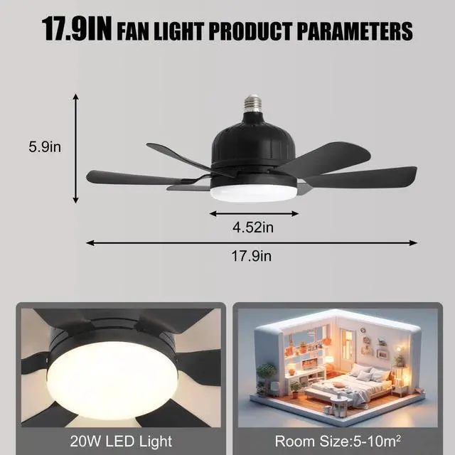 Alt view image 7 of 7 - Socket Ceiling Fan Light with Remote and 1 Socket Extender, E27 Based Easy Install, Replacement for Indoor -Bedroom, Kitchen and Living Room, 3 Color Stepless Dimming (Black)