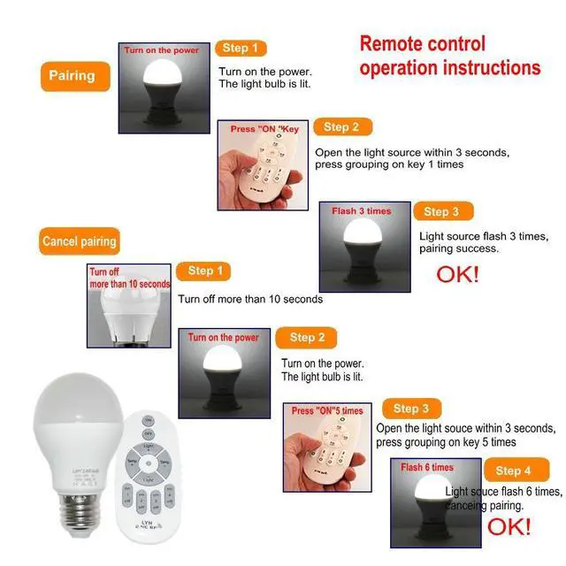 Alt view image 6 of 6 - 6W E27 Smart LED Light Bulbs Dimmable with 2.4GHz Wireless 3-Zone Remote Control - Adjustable Color Temperature (Warm/Cool) and Brightness 2 Pack (2 Bulb+1 Remote)
