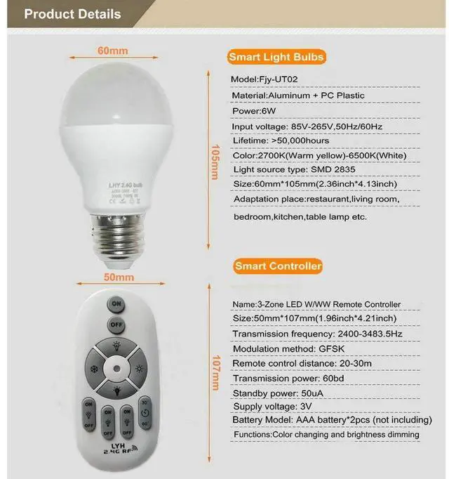 Alt view image 4 of 6 - 6W E27 Smart LED Light Bulbs Dimmable with 2.4GHz Wireless 3-Zone Remote Control - Adjustable Color Temperature (Warm/Cool) and Brightness 2 Pack (2 Bulb+1 Remote)