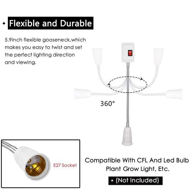 Alt view image 4 of 7 - Plug in Light Socket Adapter,4Pack Extension Light Socket Converter Plug Lamp Socket Desk Extender Lamp Bulb Holder E26/E27 All Direction Bulb Adapter with Switch 5.9''Gooseneck For Bedside Plant Grow