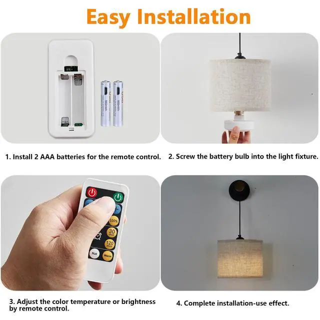 Alt view image 5 of 7 - E26 Battery Operated Light Bulb for Lamps, Screw in LED Puck Lights with Remote, Replacement AA Battery Powered Dimmable Timer Light Bulb with USB Cable for Non Electric Wall Sconce,1 Pack