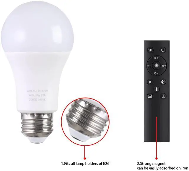 Alt view image 2 of 7 - A19 LED Light Bulbs with Remote Control 1100LM 12W (80W Equivalent) LED Bulbs,Stepless Dimmable 3000K-6000K,E26 Base,CRI 80+,2.4GHz,25000+ Hours Lifespan,Light Bulb for Home Decor,1Bulb & Remote