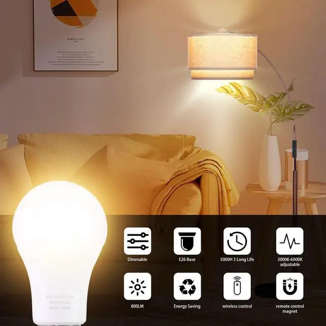 Alt view image 3 of 7 - A19 LED Light Bulbs with Remote Control 1100LM 12W (80W Equivalent) LED Bulbs,Stepless Dimmable 3000K-6000K,E26 Base,CRI 80+,2.4GHz,25000+ Hours Lifespan,Light Bulb for Home Decor,1Bulb & Remote
