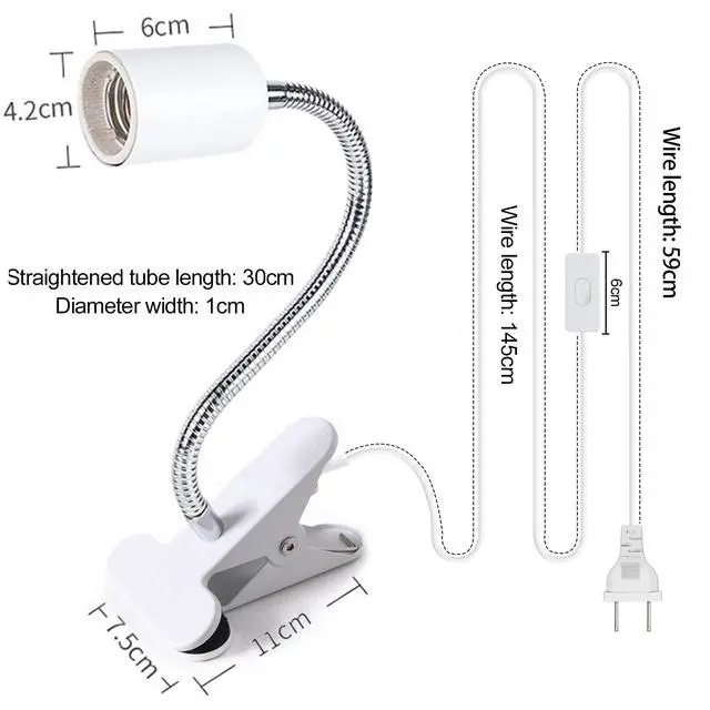Alt view image 2 of 7 - Clip on Light E26/E27 Metal Clamp Light Socket with Plug and Switch 360° Flexible Rotatable for Bedside Office Basement Reptile Plant Illumination Clip Lamp White (No Bulb)