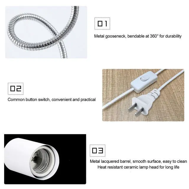 Alt view image 5 of 7 - Clip on Light E26/E27 Metal Clamp Light Socket with Plug and Switch 360° Flexible Rotatable for Bedside Office Basement Reptile Plant Illumination Clip Lamp White (No Bulb)
