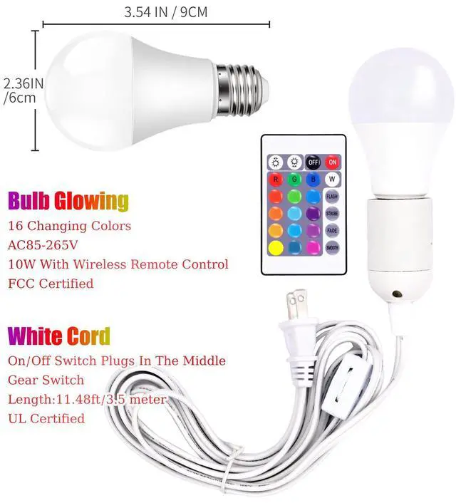 Alt view image 2 of 5 - Color Changing Light Bulb with 11.48ft Cord,Christmas Decoration, Remote Control,RGB White 10W LED 16 Color Choices,for Holiday Home,Indoor and Outdoor Romantic Colorful Atmosphere