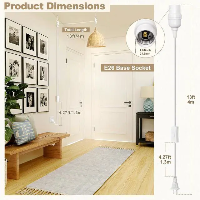 Alt view image 2 of 7 - Hanging Lantern Extension Cord Cable, E26 Pendant Light Socket On Off Inline Cord Switch Control Lamp, Switch Close to Polarized Plug, 13 Feet, White, 2-Pack