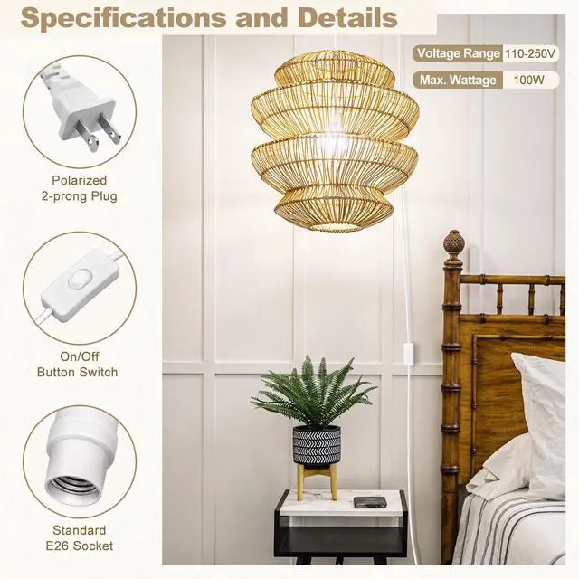 Alt view image 3 of 7 - Hanging Lantern Extension Cord Cable, E26 Pendant Light Socket On Off Inline Cord Switch Control Lamp, Switch Close to Polarized Plug, 13 Feet, White, 2-Pack