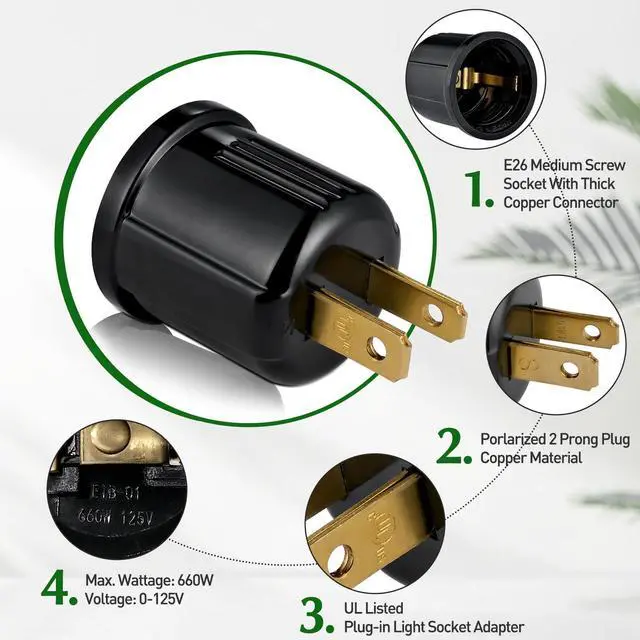Alt view image 5 of 7 - Outlet to Socket Adapter,Plug-in Light Socket,Convert Outlet to Light Bulb Socket,Polarized 2-Prong Outlet to E26 E27 Screw Base Bulb Socket, 660 Watt, 125 Volt, UL Listed (10, Black Color)