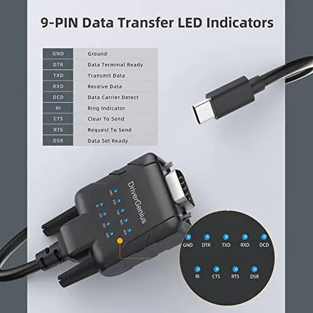 Alt view image 7 of 7 - SerialPulseX USB-C to Serial RS232 DB9 Adapter with 9 x LED Indicators - Prolific PL2303GC - Compatible with Windows 11, macOS 15, Linux (USB232A-E-C, 3ft/1m)