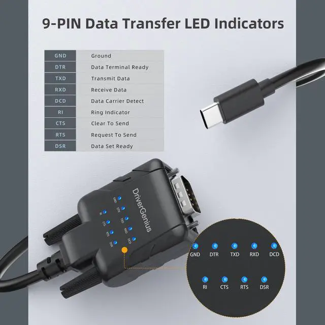 Alt view image 5 of 7 - SerialPulseX USB-C to Serial RS232 DB9 Adapter with 9 x LED Indicators - Prolific PL2303GC - Compatible with Windows 11, macOS 15, Linux (USB232A-E-C, 3ft/1m)