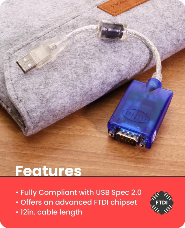 Alt view image 5 of 7 - GearMo Windows 7/8/10/11 Compatible USB to RS232 Serial Adapter w/FTDI Chip, 12in. Cable, LED Indicators, Surge Protection, Plug & Play