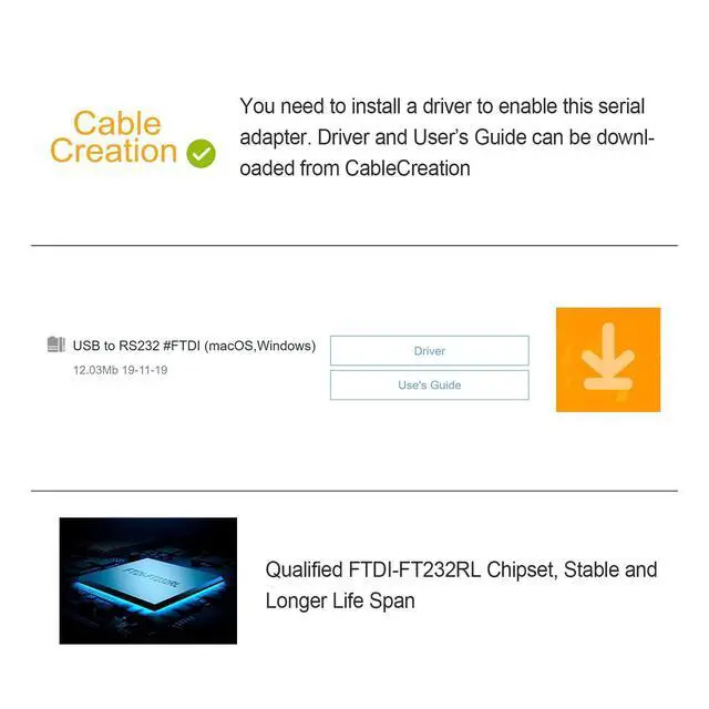 Alt view image 6 of 7 - USB to RS232 Serial Adapter (FTDI Chipset), USB to RS232 Gold Plated DB9 Serial Converter Cable for Windows 11, 10, 8.1, 8, 7, Vista, XP, 2000, Linux and Mac OS X, macOS, 6.6 Feet/2M