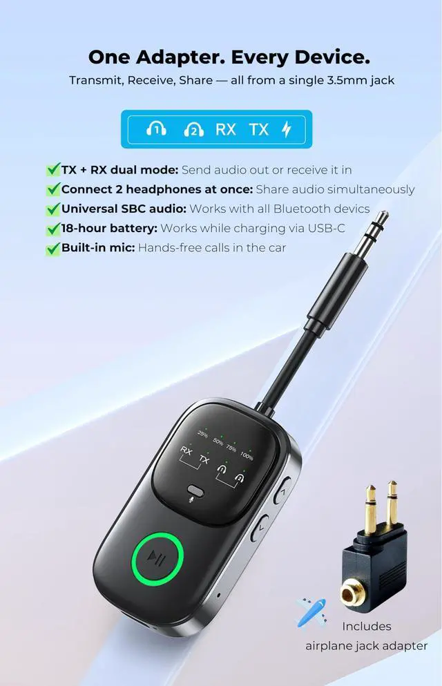 Alt view image 2 of 7 - Bluetooth Transmitter Receiver 2-in-1: Car Handsfree Mic, TV & Airplane Audio | Connect 2 Headphones | 18-Hr Battery