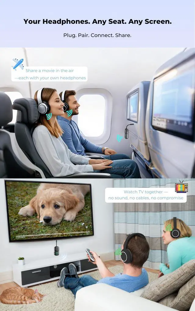 Alt view image 3 of 7 - Bluetooth Transmitter Receiver 2-in-1: Car Handsfree Mic, TV & Airplane Audio | Connect 2 Headphones | 18-Hr Battery