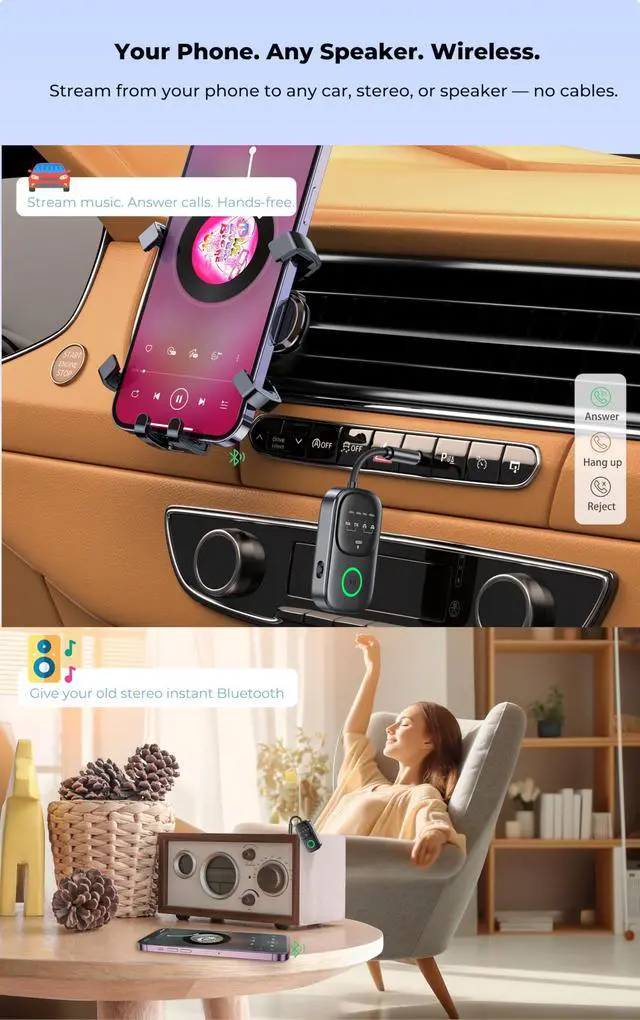 Alt view image 4 of 7 - Bluetooth Transmitter Receiver 2-in-1: Car Handsfree Mic, TV & Airplane Audio | Connect 2 Headphones | 18-Hr Battery