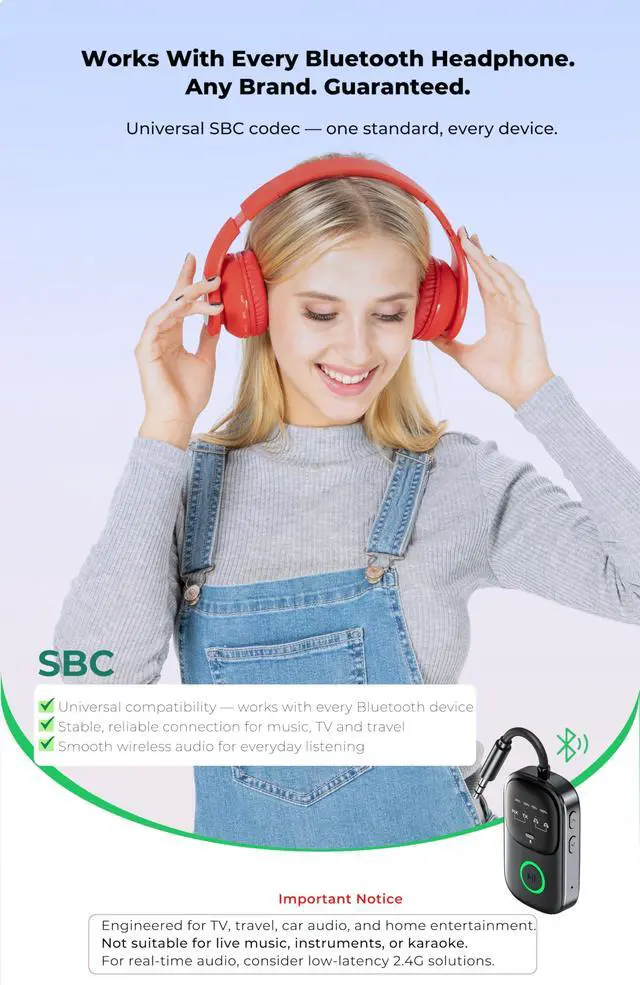 Alt view image 5 of 7 - Bluetooth Transmitter Receiver 2-in-1: Car Handsfree Mic, TV & Airplane Audio | Connect 2 Headphones | 18-Hr Battery