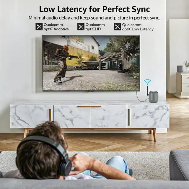 Alt view image 2 of 6 - DS70 Bluetooth 5.3 Transmitter for TV to 2 Wireless Headphones/Speakers, aptX Adaptive/HD/LL, Long Range Wireless Audio Adapter with LCD Display, Optical AUX RCA Bypass and Mic Input