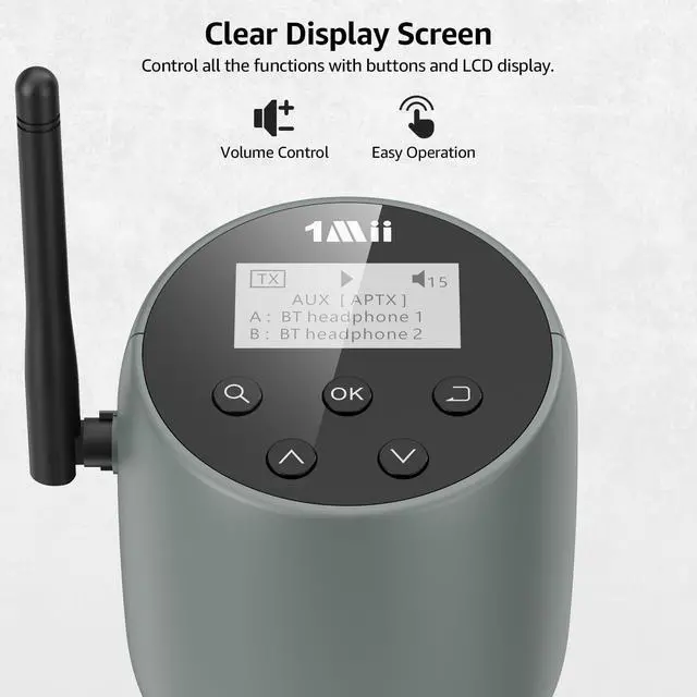 Alt view image 5 of 6 - DS70 Bluetooth 5.3 Transmitter for TV to 2 Wireless Headphones/Speakers, aptX Adaptive/HD/LL, Long Range Wireless Audio Adapter with LCD Display, Optical AUX RCA Bypass and Mic Input