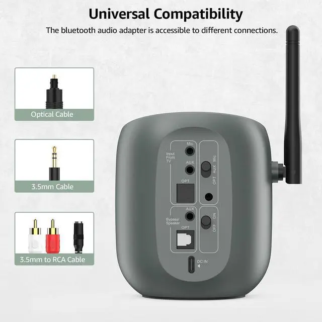 Alt view image 6 of 6 - DS70 Bluetooth 5.3 Transmitter for TV to 2 Wireless Headphones/Speakers, aptX Adaptive/HD/LL, Long Range Wireless Audio Adapter with LCD Display, Optical AUX RCA Bypass and Mic Input