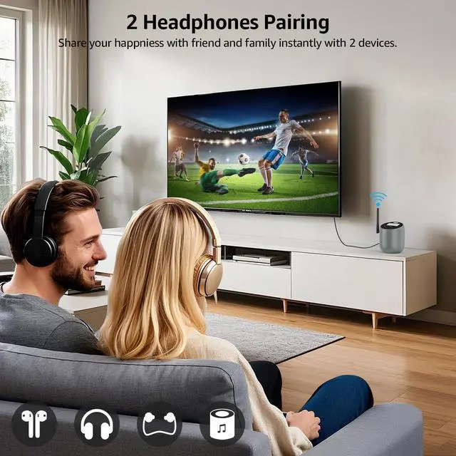 Alt view image 4 of 6 - DS70 Bluetooth 5.3 Transmitter for TV to 2 Wireless Headphones/Speakers, aptX Adaptive/HD/LL, Long Range Wireless Audio Adapter with LCD Display, Optical AUX RCA Bypass and Mic Input