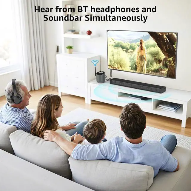 Alt view image 3 of 6 - DS70 Bluetooth 5.3 Transmitter for TV to 2 Wireless Headphones/Speakers, aptX Adaptive/HD/LL, Long Range Wireless Audio Adapter with LCD Display, Optical AUX RCA Bypass and Mic Input