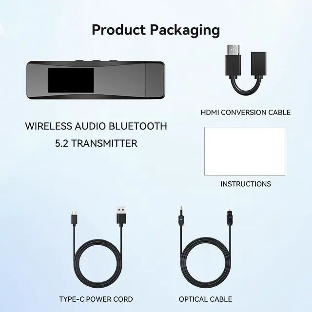 Alt view image 7 of 7 - Bluetooth 5.2 Transmitter for 2 AirPods or BT Receiver Devices, Wireless Audio Adapter with HDMI ARC Input, Optical Audio Output & Bluetooth Output, LCD Screen, Plug and Play