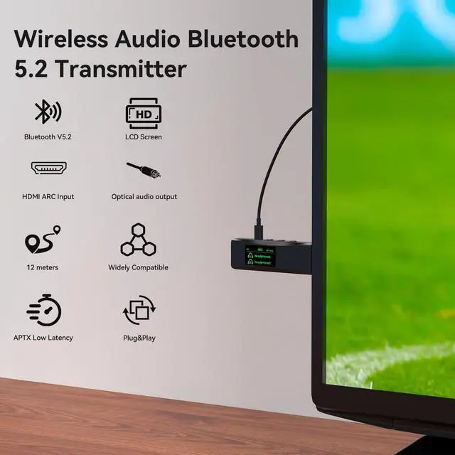 Alt view image 2 of 7 - Bluetooth 5.2 Transmitter for 2 AirPods or BT Receiver Devices, Wireless Audio Adapter with HDMI ARC Input, Optical Audio Output & Bluetooth Output, LCD Screen, Plug and Play