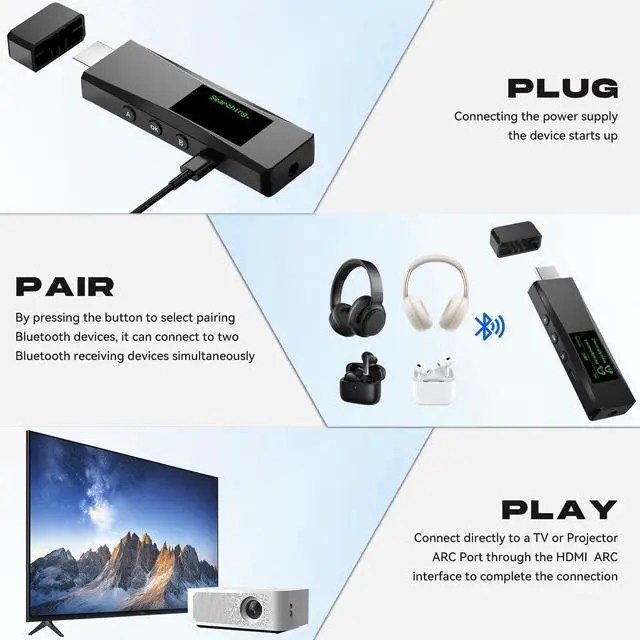 Alt view image 6 of 7 - Bluetooth 5.2 Transmitter for 2 AirPods or BT Receiver Devices, Wireless Audio Adapter with HDMI ARC Input, Optical Audio Output & Bluetooth Output, LCD Screen, Plug and Play