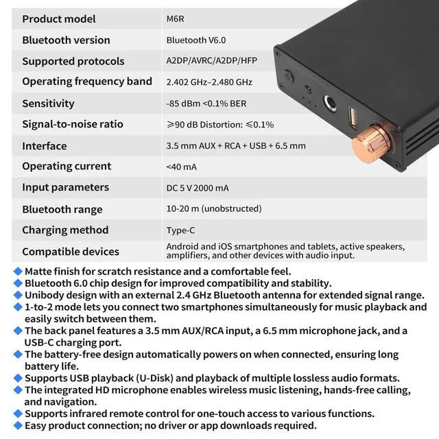 Alt view image 5 of 6 - M6R Bluetooth 6.0 Receiver Audio Receivers Support Microphone Singing U Disk Playback Infrared Remote Control Dual Output,for Old Stereo/Speakers/Wired Speakers/Home Audio Music Streaming Etc