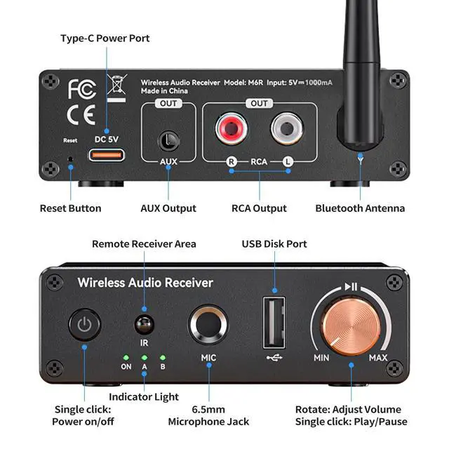 Alt view image 3 of 6 - M6R Bluetooth 6.0 Receiver Audio Receivers Support Microphone Singing U Disk Playback Infrared Remote Control Dual Output,for Old Stereo/Speakers/Wired Speakers/Home Audio Music Streaming Etc