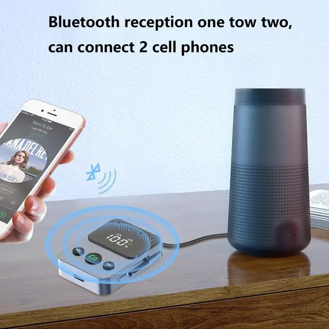 Alt view image 6 of 7 - Bluetooth 5.3 Transmitter Receiver 2 in 1 3.5mm Audio Works with tv Airplane Wireless Bluetooth Aux Adapter for car with Microphone Connects to 2 Cell Phones/2 Headphones/2 Speakers