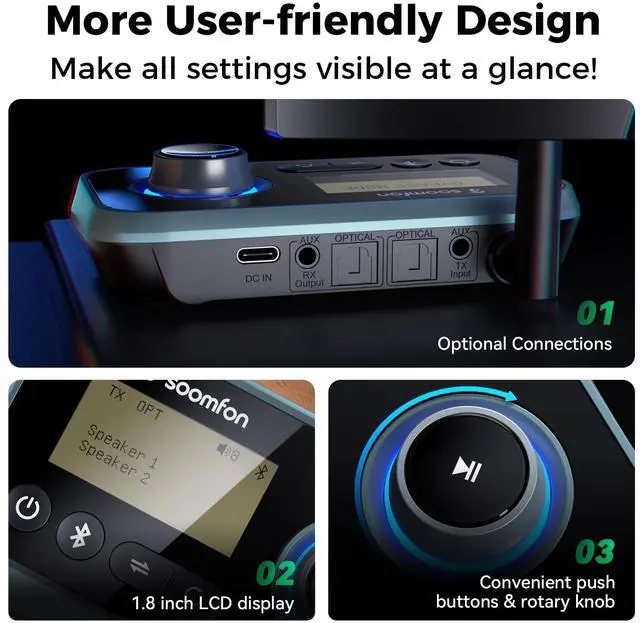 Alt view image 4 of 7 - Bluetooth Transmitter for TV 3-in-1 Bluetooth 5.0 Transmitter Receiver for TV to 2 Headphones with LCD Display Adjustable Volume, Optical AUX RCA Bypass for Home Stereo Speaker