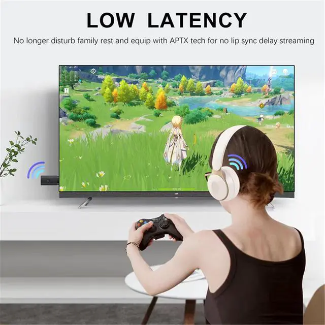 Alt view image 2 of 7 - Bluetooth V5.2 Transmitter for TV, Dual Pair Wireless Audio Transmitter Compatible with Airpods Earbuds Speaker, 3.5mm Bluetooth Adapter for Flight, TV, PC, Gym Equipment, and Gaming Consoles