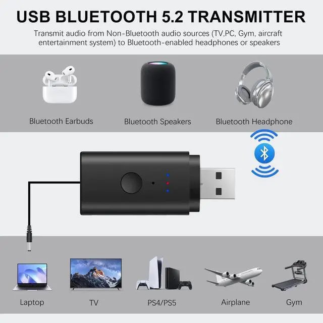Alt view image 4 of 7 - Bluetooth V5.2 Transmitter for TV, Dual Pair Wireless Audio Transmitter Compatible with Airpods Earbuds Speaker, 3.5mm Bluetooth Adapter for Flight, TV, PC, Gym Equipment, and Gaming Consoles