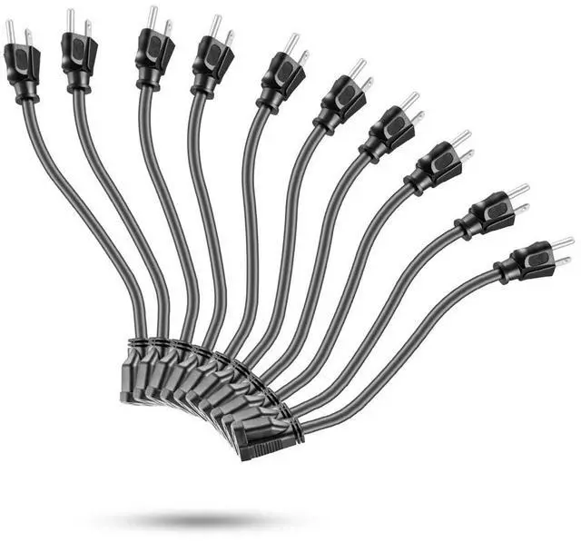 Main image of Power Extension Cord 10-Pack, Outlet Saver, 16AWG 3 Prong, 1-Foot Cord