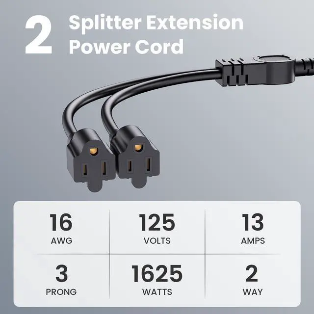Alt view image 2 of 6 - Extension Cord with 1 to 2 Splitter 16 AWG 13A 125V 1 Foot Black 3 Pack | Outdoor Y-Style SJTW Cord NEMA 5-15P to 5-15R