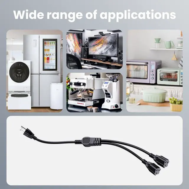 Alt view image 5 of 6 - Extension Cord with 1 to 2 Splitter 16 AWG 13A 125V 1 Foot Black 3 Pack | Outdoor Y-Style SJTW Cord NEMA 5-15P to 5-15R